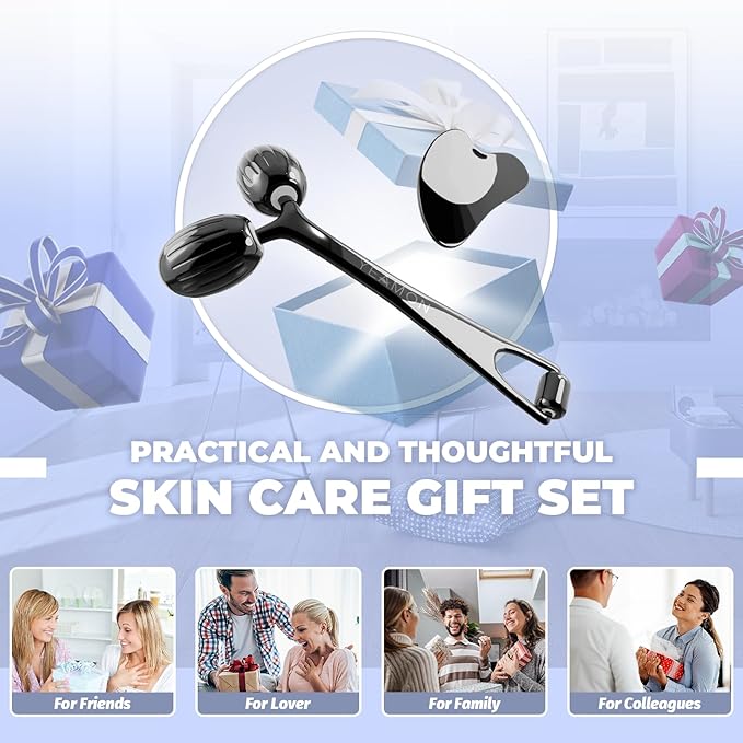 Yeamon Gua Sha Facial Tools and Face Roller Set Facial Massage Tool for Women?™s Skincare RoutineCooling Stainless Steel Face Sculpting Eyes Roller Guasha for Daily Use or Self-Care Gift for Women