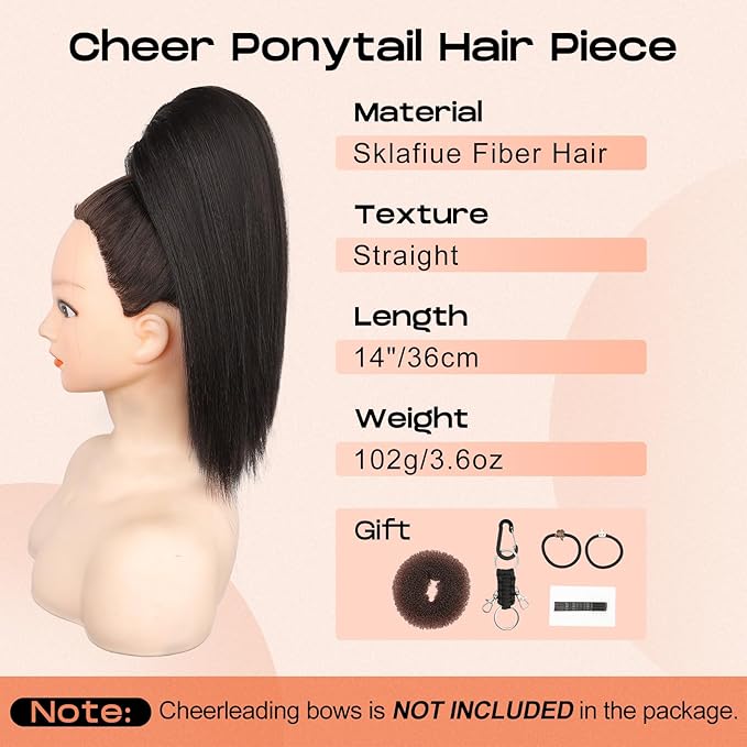 SEIKEA Cheer Ponytail Hair Piece 14 Straight Cheerleader Hairpiece Ponytail Extension for Cheer Competitions Dance Costume Dress up Soft Natural Look for Girls Teens Black Brown