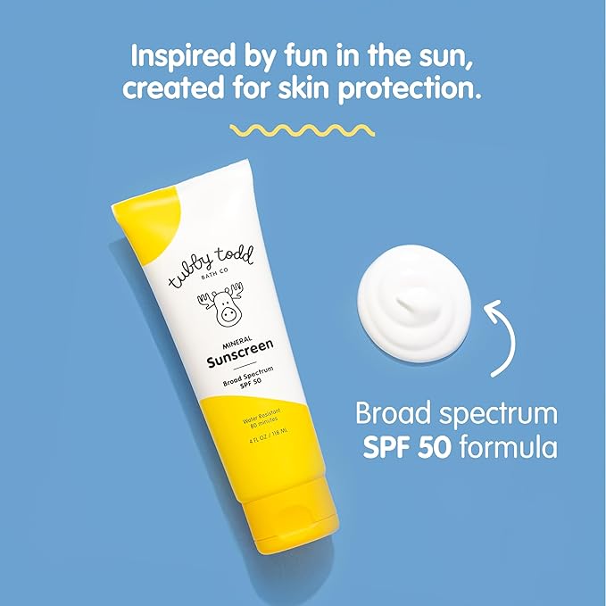 TUBBY TODD Mineral Sunscreen SPF 50 - Broad Spectrum Sunscreen Lotion for Kids - Water-Resistant for 80 Minutes - Safe for Sensitive Skin - Non-Greasy Feel - 2 Pack 4 Fl Oz