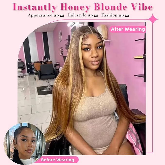 Honey Blonde Wig Human Hair Straight P4/27 Highlight Straight Lace Front Wig 26 Inch 180% Density- ?Premium Human Hair No Shedding 13x4 Lace Breathable Cap Perfect for Daily Wear &amp Styling