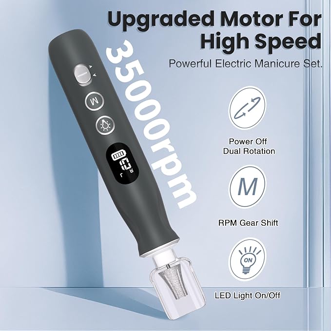 Electric Nail Drill Cordless 2000 mAh Rechargeable Portable Nail File 12 in 1 Kit for Thick Toenails 10 Speeds Nail Dril Machine Professional Manicure Pedicure for Hand Natural Nails Care (Grey)