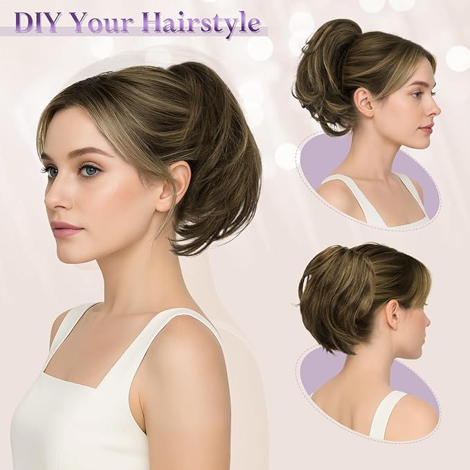 RUWISS Claw Clip Short Human Hair Ponytail Extension with Bendable Metals for DIY Styles Straight Messy Bun Hair Piece for Women Thick Hairpieces for Daily Wear 9 Inch Medium Brown