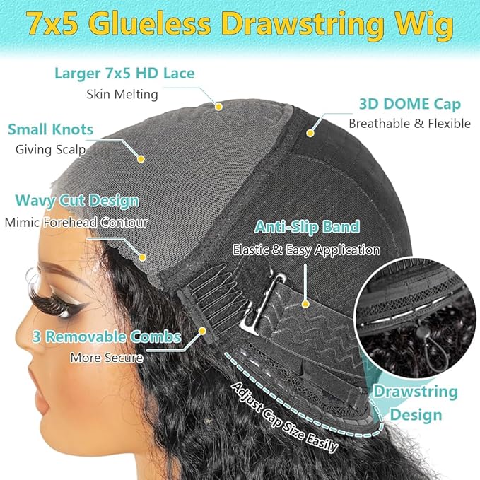 Wear and Go Glueless Wigs Human Hair Pre Cut HD Lace 7x5 Deep Wave Lace Front Wigs Human Hair Pre Plucked 200% Density Glueless Drawstring Wig for Beginners 20 Inch Natural Color Pre Everything