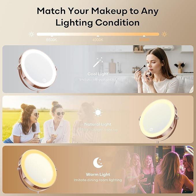 Makeup Mirror with Lights 5000 mAh Rechargeable Double Sided Magnifying Vanity Mirror with 3 Colors 1x/20x 360° Rotation  Brightness Adjustable Magnification Lighted Makeup Mirror Women Gift