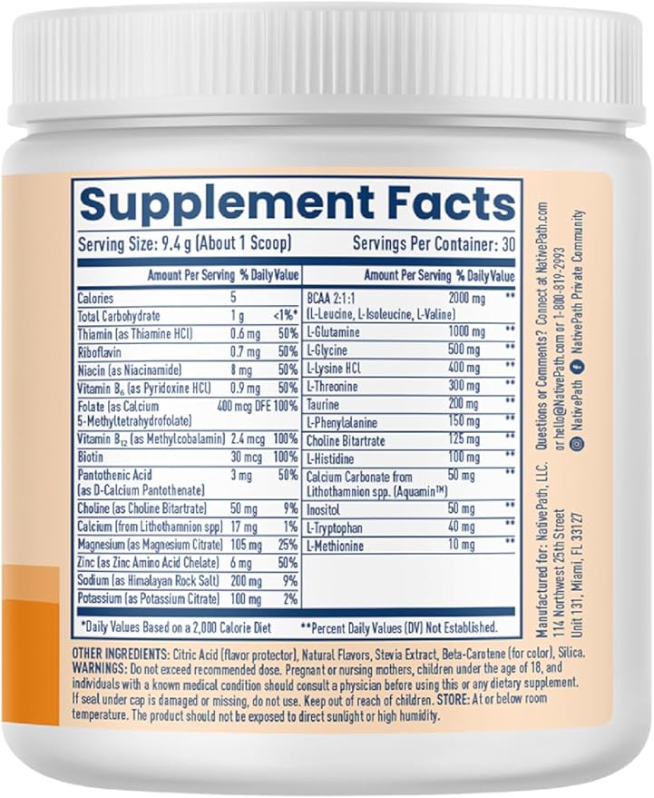 NativePath Native Hydrate Zero Sugar Electrolytes Powder with BCAAs Tangerine Hydration Keto &amp Paleo Friendly 30 Servings
