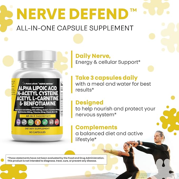 Alpha Lipoic Acid 600mg N-Acetyl Cysteine 600mg Acetyl L-Carnitine 500mg Benfotiamine 300mg - Nerve Support Supplement for Women and Men with Vitamin B1 B6 &amp B12 - Made in USA 90 Caps