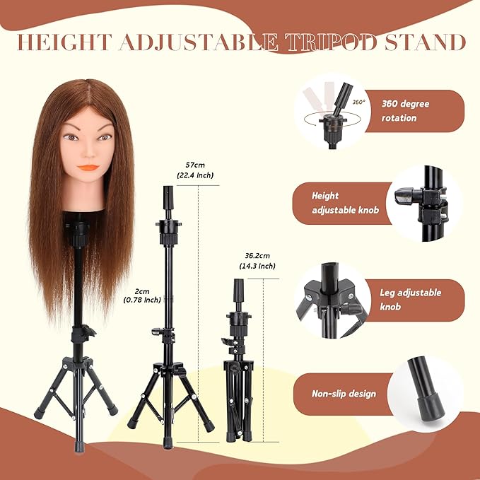 Mannequin Head with Human Hair - 20-22 Cosmetology Mannequin Head with 100% Real Human Hair for Braiding Practice Cutting - Manikin Head with Human Hair for Hairdresser with Tripod Set