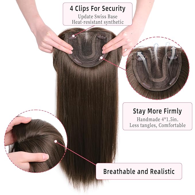 Toppers Hair Pieces for Women 24 Inch Long Straight Top Hair Pieces Hair Extensions Clip Ins Layered Wig Toppers for Thinning Hairs Synthetic Hairline Topper Clip on Hair Toppers Brown