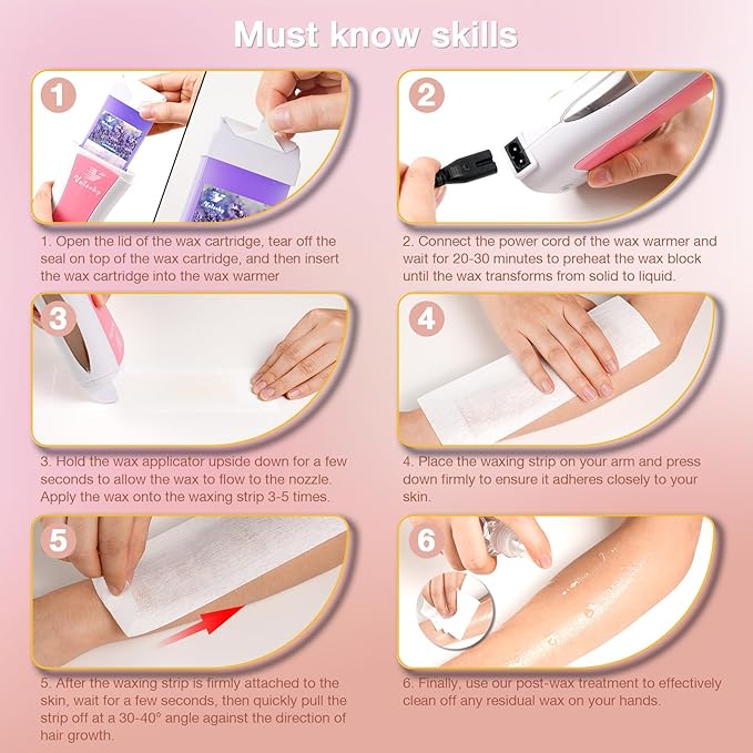Roll on Waxing Kit Roll on Wax Kit for Hair Removal Waxing Kit at Home Wax Roller Kit for All Skin Types Body Sensitive Skin Unisex with 2 Soft Cartridges &amp 50 Pcs Strips