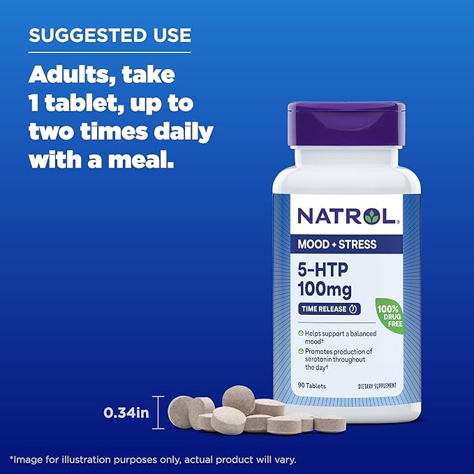 Natrol 5-HTP 100mg Dietary Supplement Helps Support a Balanced Mood Mood and Stress Support Supplement 90 Time Release Tablets 45-90 Day Supply