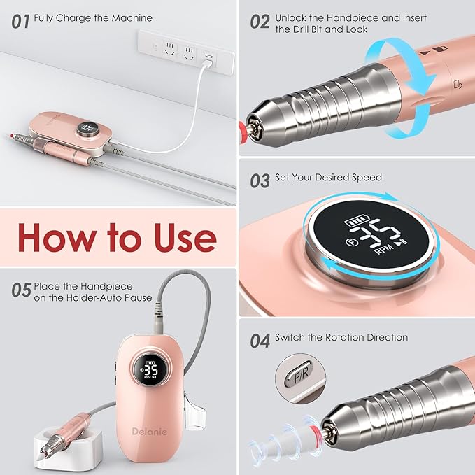 Delanie Brushless Nail Drill 35000 RPM Professional Rechargeable Portable Electric Nail File for Nail Tech Rose Gold
