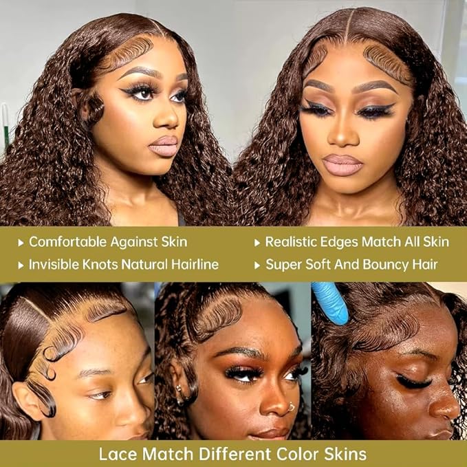 32Inch 220% Density 13x6 Deep Wave Lace Front Wigs Human Hair Chocolate Brown HD Lace Front Wigs Human Hair Pre Plucked Deep Curly Lace Frontal Wigs for Women 100% Unprocessed Brazilian Virgin Hair