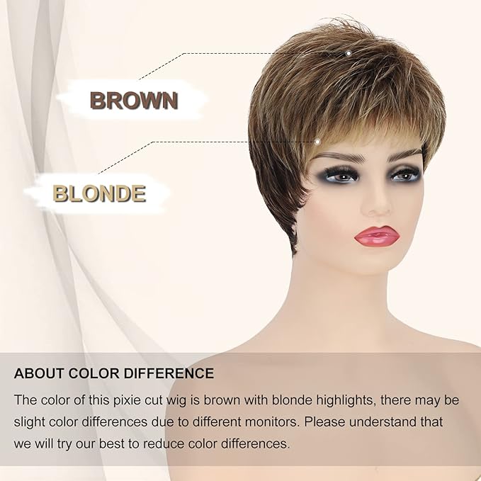 Short Pixie Wigs for White Women Natural Layered Short Brown Wigs with Blonde Highlights Synthetic Short Hair Womens Wig