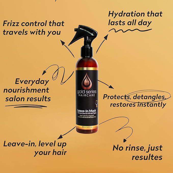 Gold Series Leave-In Hair Mask ? Argan Oil Hair Mask Enriched with Keratin ? Nourishing and Gently Detangling Leave In Conditioner Spray For Curly Frizzy or Damaged Hair 8.4 Fl.oz