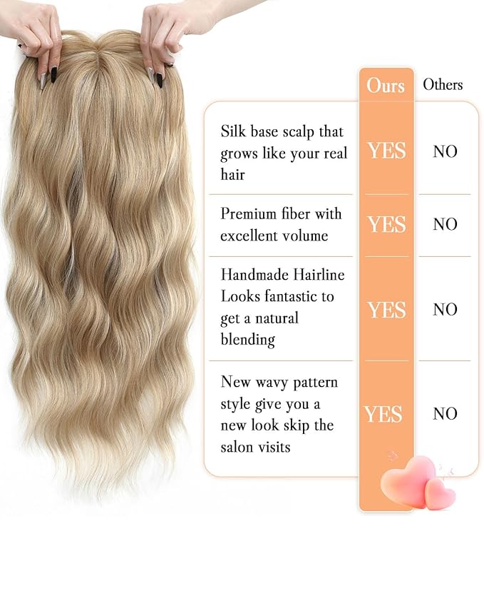UDU 20 Wavy Ombre Highlight Synthetic Hair Topper for Women with Thinning Hair with Fringe Bang Adds Volume Change Hairstyle