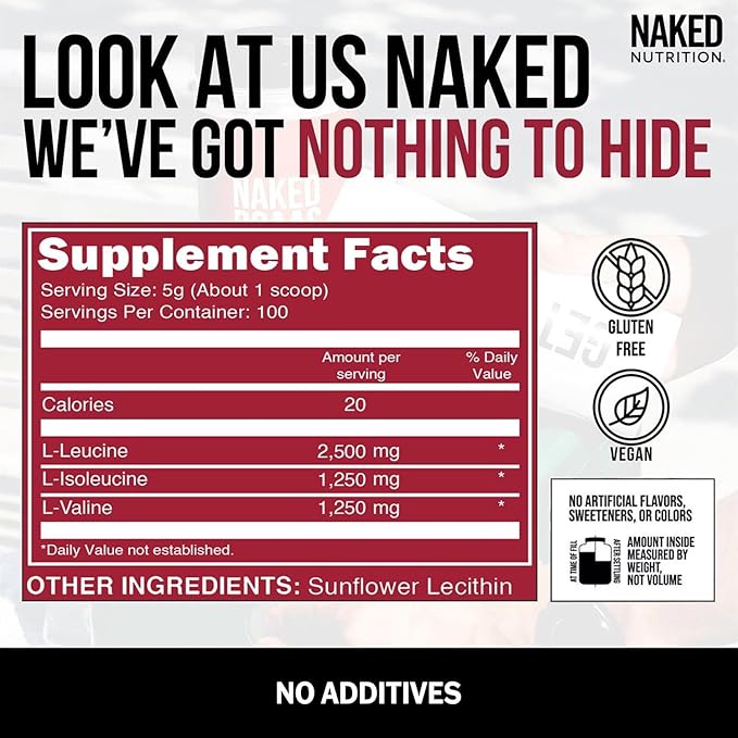 NAKED BCAAs Amino Acids Powder Only 1 Ingredient Pure 2:1:1 Formula Vegan Unflavored Branched Chain Amino Acids Instantized All Natural BCAA Supplement - 500 Grams 100 Servings