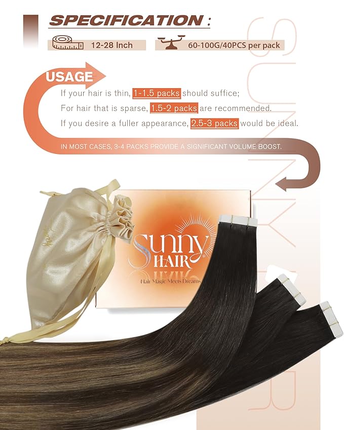 Sunny Hair Tape in Hair Extensions Human Hair 22 Inch 40Pcs Remy Tape in Extensions Black Balayage Brown Ombre Ash Blonde Hair Extensions Tape in 100g