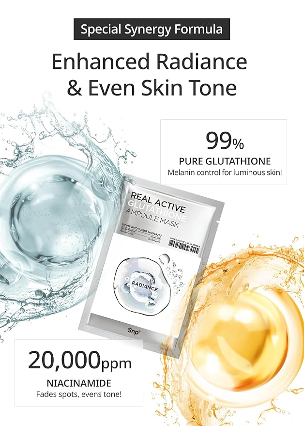 SNP Real active Glutathione Ampoule Sheet Mask | Vegan Face Mask with Glutathione &amp Niacinamide | Revitalizing and Balancing for All Skin Types | Korean Face Masks Skincare | 10 Sheets