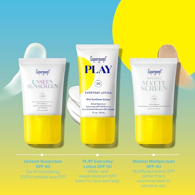 Supergoop! Daily SPF Starter - Includes 3 Travel-Sized SPF Favorites: Unseen Sunscreen SPF 40 Mineral Mattescreen SPF 40 and PLAY Everyday Lotion SPF 50 - Non-Comedogenic