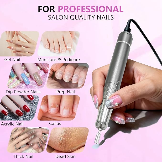 BETE Professional Nail Drill 40000 RPM Cordless Electric Nail File Kit with 6 Bits Rechargeable Efile for Acrylic Gel Nails Polishing Manicure Tools for Salon Home Use Rose Red