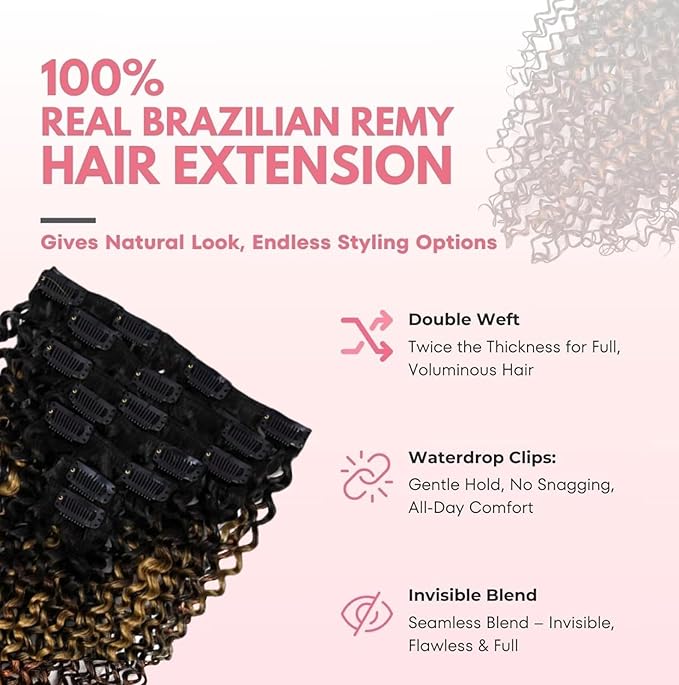 SIYUSI Kinky Curly Clip In Extensions 3C 4A 100% Brazilian Remy Human Hair Clip Ins 3.52oz 7Pcs (20 Inch)Light Auburn Ombre