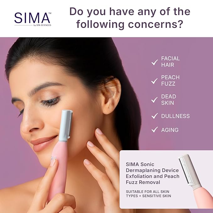 SPA SCIENCES - SIMA Patented Dermaplane Razor for Women Face ? Painless 2-in-1 Facial Exfoliation &amp Peach Fuzz Hair Removal ? Anti-Aging ? 3 Speeds ? Rechargeable ? 7 Weeks Treatment