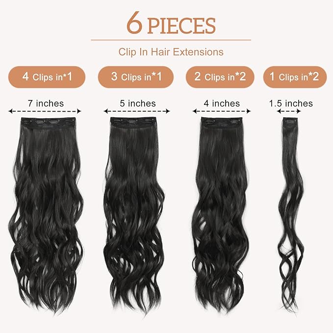 Clip in Hair Extensions for Women Natural Black Extensions 24 Inch 6PCS Hairpieces Long Wavy soft Thick Hair Extensions clip ins