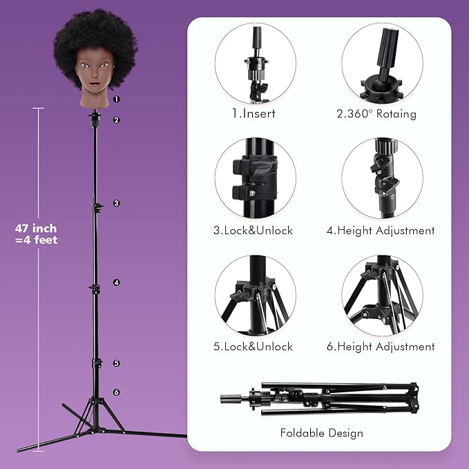 100% African Mannequin Head Human Hair4C Afro Curly Cosmetology Manican Manikin Doll Head with 47??Mannequin Head StandTable CalmpBraiding Set for Display Practice Braiding Styling Training