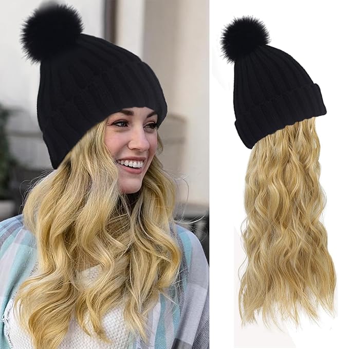 Women Winter Beanie Hat with Wig Big Wavy Curly Hair Extensions Knit ski Snow Cap Attached Party Daily Weddings Wig