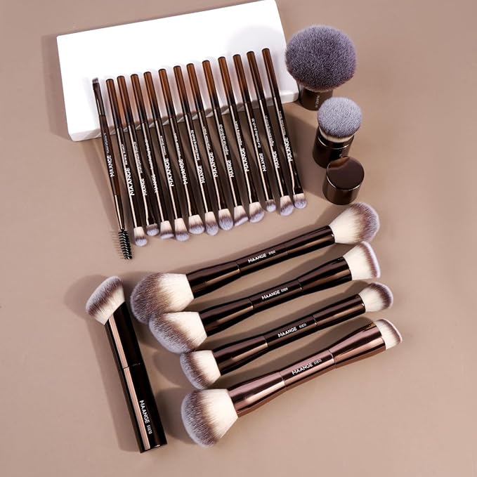 MAANGE 20 PCS Makeup Brush Set with Bag Double-ended Kabuki Brush Foundation Contour Brush for Liquid Powder Concealer Eye Shadows Cream Cosmetics Blending Blush Face Makeup Tools with Case (Coffee)