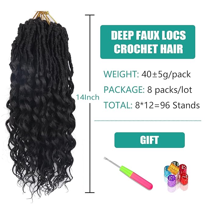 Faux Locs Crochet Hair for Black Women Goddess Locs Crochet Hair Pre Looped 14 Inch 8 Packs Soft Locs Crochet Braids With Curly Ends Deep Wave Hair Extensions(14 Inch 2#)