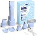 KINGTEE 5-in-1 Electric Bikini Trimmer for Women ? IPX7 Waterproof Shaver Cordless Body &amp Facial Razors for Women Ceramic Blades USB-C Rechargeable Painless Hair Removal Kit (Blue)