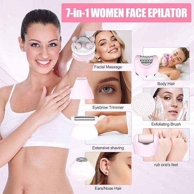 3.0 Women Face Epilator 7-in-1 Rechargeable Facial Hair Remover with LED Battery Display Facial Shaver for Face Eyebrow Nose Trimmer (Pink)