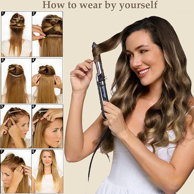 Ombre Hair Extension with Clips for WomenHighlight Brown Hair Extensions Human Hair Chocolate Brown to Strawberry Blonde Straight Remy Human Hair Extensions 5pcs 70g (#4T4P2716Inch)