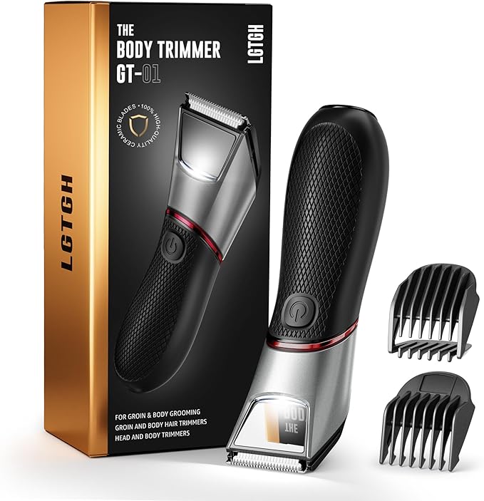 Body Groomer for Men: Pubic Hair Trimmer with Mirror &amp LED Light - Electric Ball Shaver with Ceramic Blades &amp Travel Lock - Men's Shaver IPX7 Waterproof for Use on Groin/Legs/Chest
