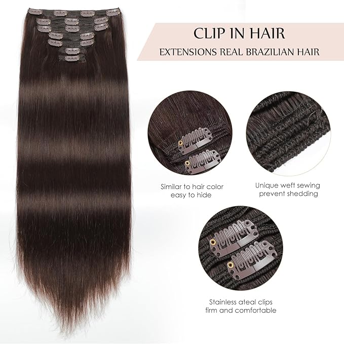 Sisily Clip in Hair Extensions Real Human Hair 22 inch 170g Dark Brown 100% Brazilian Remy Human Hair Clip in Extensions Soft Straight 7pcs Per Set with 16 Clips Double Weft