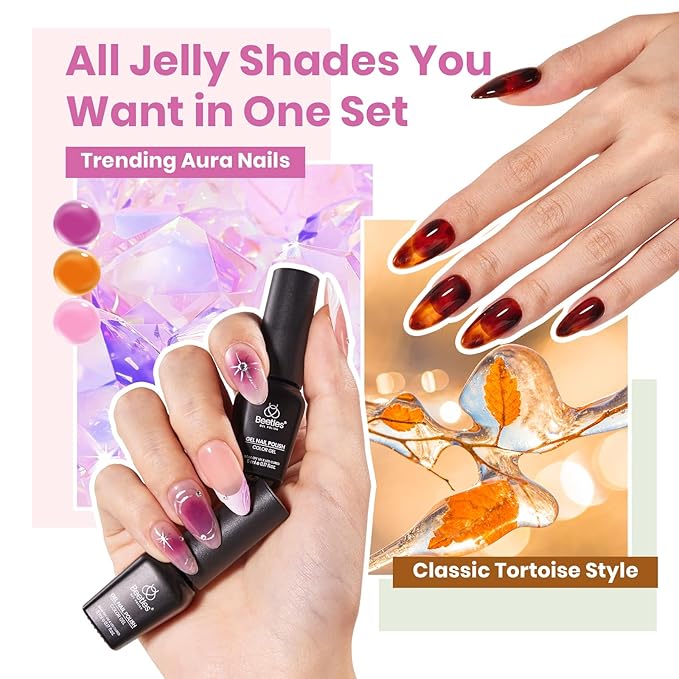 Beetles Jelly Gel Nail Polish Set 53PCS 36 Colors Jelly Pink Milky White Red Black Blue Green Silver Cat Eye Base Glitter Glossy Matte Top Coat Crystal Ice Collection French Nails Gift for Women