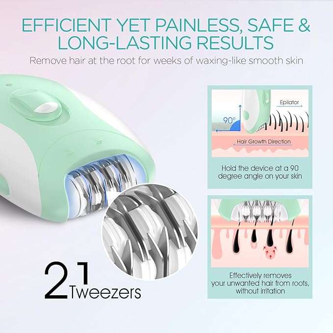 Epilator for Women-Cordless Epilators Hair Removal for Women 4-in-1 Electric Razor Hair Remover 2 Speeds &amp 21 Tweezers for Face Legs Arms Armpit Bikini Green HR310