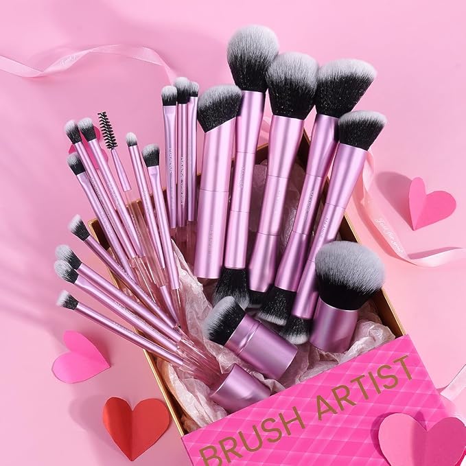 MAANGE 20 PCS Foundation Makeup Brush Set Double-ended Kabuki Contour Brush for Liquid Powder Concealer Blending Blush Buffing Makeup Tools (Pink)