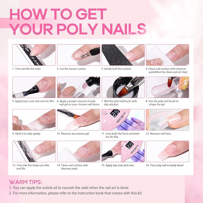 Modelones Poly Nail Gel Kit 6 Colors Poly Extension Gel Clear Pink White with 48W U V/LED Lamp 3D Nail Charms Builder Slip Solution Complete Toe Manicure Supplies Tools for Starter