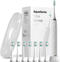 Aquasonic Vibe Series Ultra-Whitening Toothbrush ? ADA Accepted Electric Toothbrush - 8 Brush Heads &amp Travel Case ? 40000 VPM Motor &amp Wireless Charging - 4 Modes w Smart Timer ? Optic White