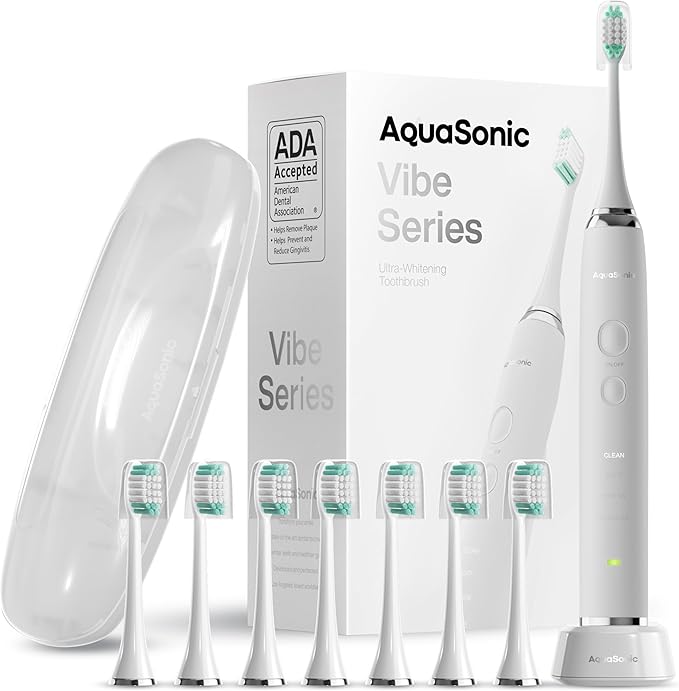Aquasonic Vibe Series Ultra-Whitening Toothbrush ? ADA Accepted Electric Toothbrush - 8 Brush Heads &amp Travel Case ? 40000 VPM Motor &amp Wireless Charging - 4 Modes w Smart Timer ? Optic White
