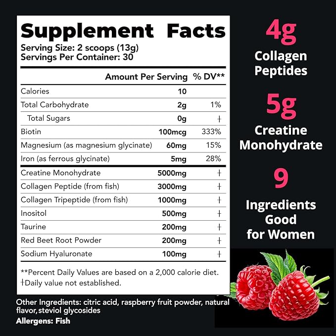 Pre Workout Creatine for Women | 5g Creatine Monohydrate + 4g Collagen Peptides Complex Creatine Powder | Sugar-Free Gluten-Free Non-GMO Easily Soluble | Raspberry 30 Servings
