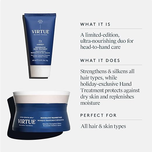 VIRTUE Hand and Hair Revival Duo with Restorative Hair Treatment Mask and Hand Cream Ulta-Nourishing Strengthens Hair and Protects Against Dry Skin
