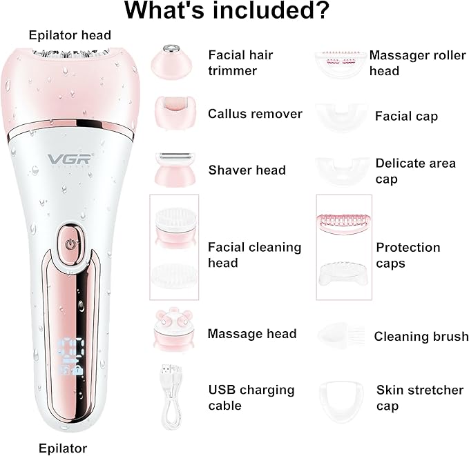 VGR 733 Epilator Hair Removal for Women 6-in-1 Cordless &amp Rechargeable Lady Electric Shaver IPX7 Waterproof Hair Removal Device Wet and Dry Bikini Trimmer for Face Leg Armpit Pink