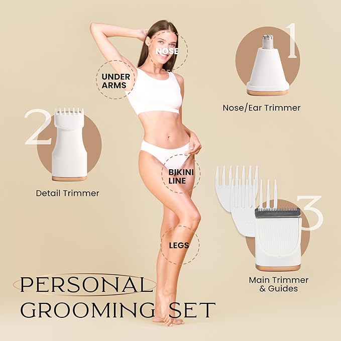 Bella Ciao 10-Piece Body-Hair and Bikini Trimmer Set for Women Electric Razor with Ear- and Nose-Hair Trimmer Detail Trimmer Heads Ceramic Blade Includes Comb Guides Charging Dock and USB Cable