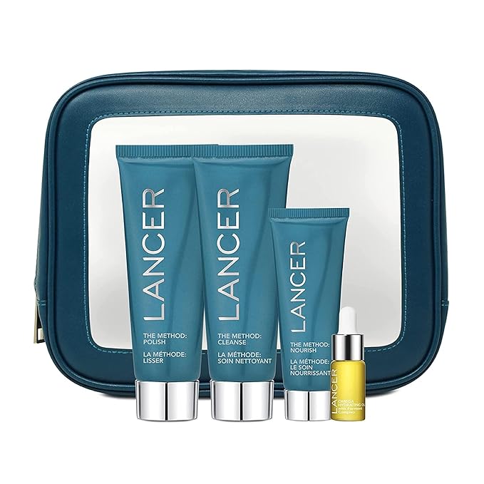 Lancer Skincare The Method Intro Kit 3-Step Anti-Aging Facial Exfoliator Cleanser and Moisturizer Kit for Glowing Skin Reveals Healthy-Looking Glowing Skin