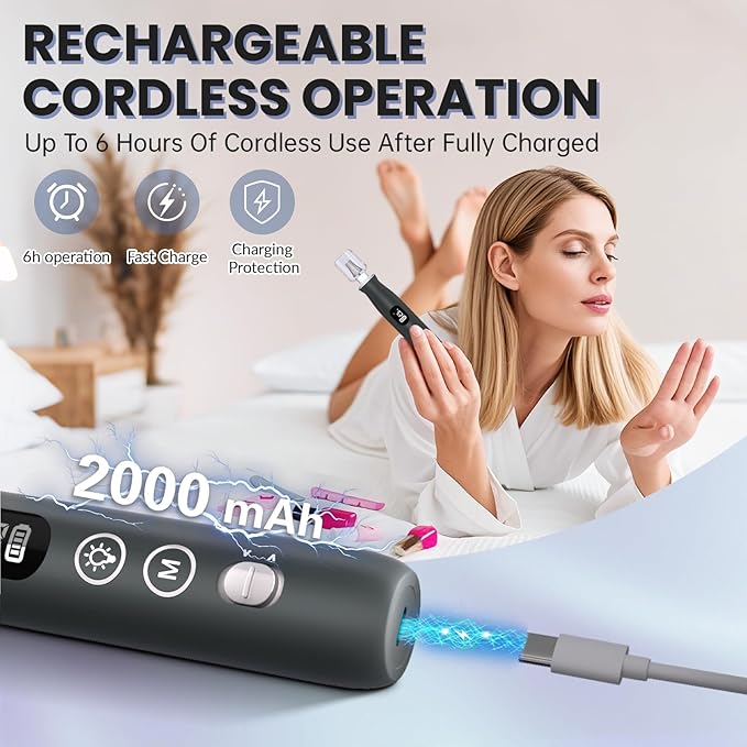 Electric Nail Drill Cordless 2000 mAh Rechargeable Portable Nail File 12 in 1 Kit for Thick Toenails 10 Speeds Nail Dril Machine Professional Manicure Pedicure for Hand Natural Nails Care (Grey)