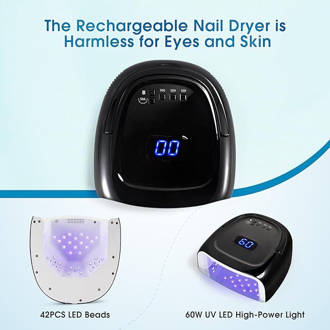 60W Rechargeable LED Nail Lamp Cordless Gel Lamp with Portable Handle &amp 42pcs Lamp Beads Automatic Sensor UV LED Nail Dryer 4 Timers Professional UV Light for Gel Nails
