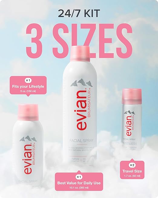 BRUMISATEUR Evian Facial Spray 24/7 Kit - Hydrating Mineral Water Mist for Face &amp Skin - Refreshes Makeup Sets &amp Tones - Travel-Friendly Sizes for Daily Moisture Boost